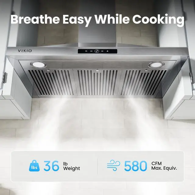 Alt view image 2 of 7 - Wall Mount Range Hood 36 inch, 580 CFM, Ducted/Ductless Convertible, Stainless Steel Kitchen Vent Hood with 3-Speed Fan and LED Lights