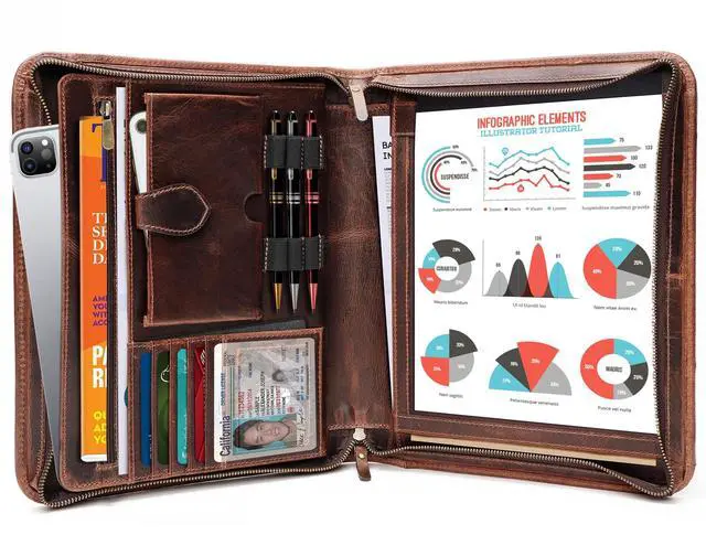 Main image of Leather Portfolio Binder, Professional Organizer Padfolio Resume Folder, Business Card & Document Holder, Portfolios for Men & Women, Office & Business Supplies (Large - Brown)