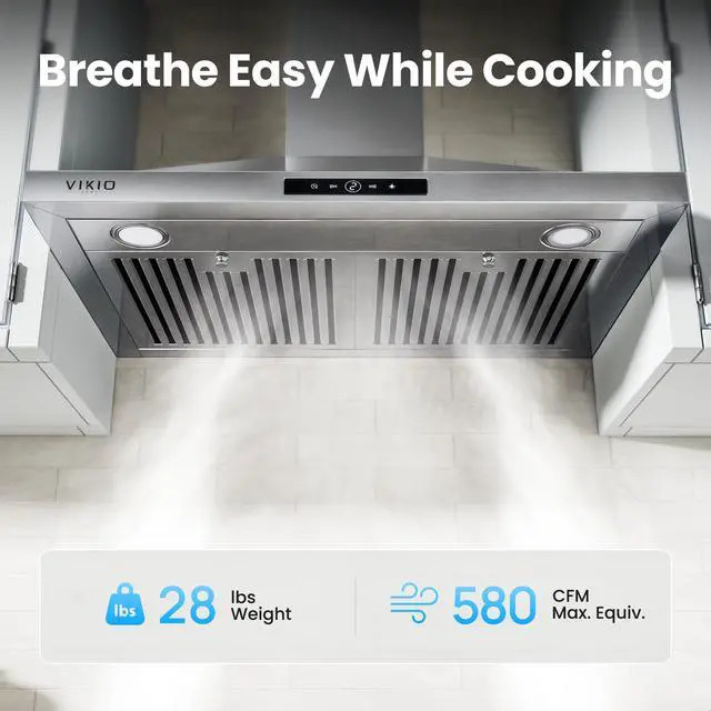 Alt view image 2 of 7 - Wall Mount Range Hood 30 inch, 580 CFM, Ducted/Ductless Convertible, Stainless Steel Kitchen Vent Hood with 3-Speed Fan and LED Lights