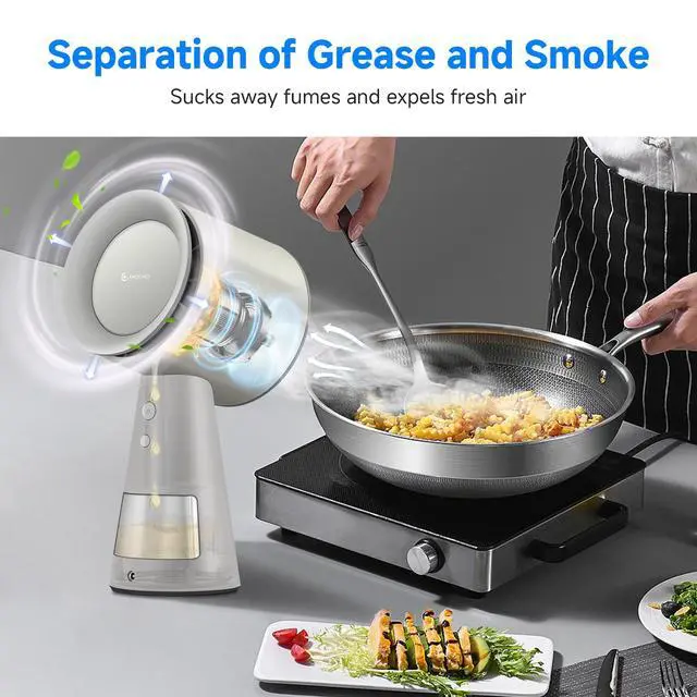 Alt view image 3 of 7 - Portable Range Hood, 3-Speed Desktop Exhaust Vent Fan,CreamWhite | Desktop kitchen vent fan with large oil cup, washable aluminum filter. Low-noise, 3 speeds. Ideal for indoor BBQ,RV