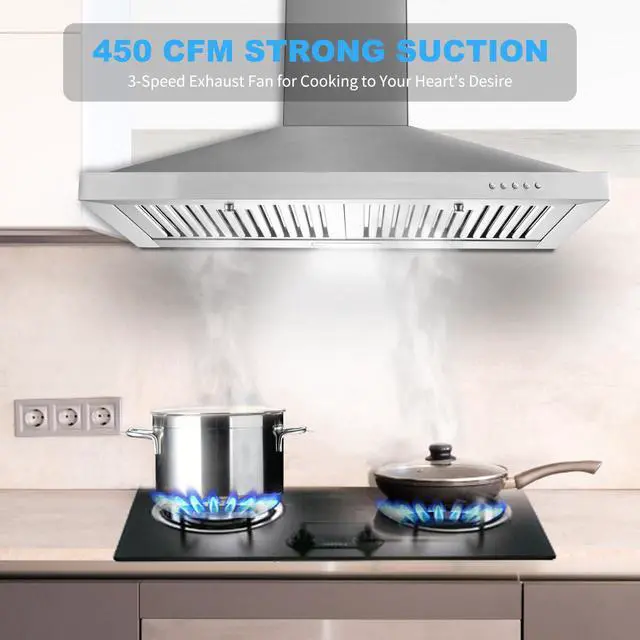 Alt view image 3 of 7 - Range Hood, Range Hoods 30 inch Stainless Steel, 450 CFM Kitchen Hood with LED Light Baffle Filters, 3 Speed Exhaust Fan Vent Hood