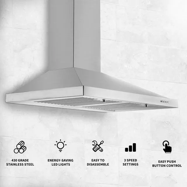 Alt view image 2 of 7 - Range Hood, Range Hoods 30 inch Stainless Steel, 450 CFM Kitchen Hood with LED Light Baffle Filters, 3 Speed Exhaust Fan Vent Hood