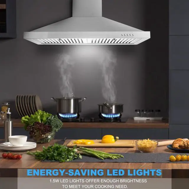 Alt view image 6 of 7 - Range Hood, Range Hoods 30 inch Stainless Steel, 450 CFM Kitchen Hood with LED Light Baffle Filters, 3 Speed Exhaust Fan Vent Hood