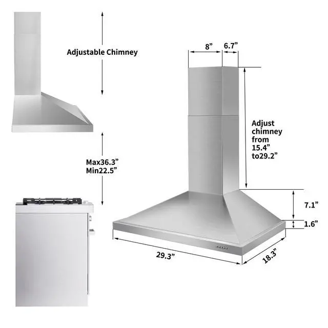 Alt view image 7 of 7 - Range Hood, Range Hoods 30 inch Stainless Steel, 450 CFM Kitchen Hood with LED Light Baffle Filters, 3 Speed Exhaust Fan Vent Hood
