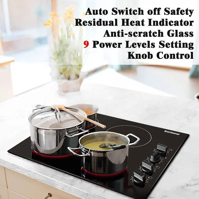 Alt view image 2 of 7 - 4 Burner Electric Cooktop 24 Inch, Built-in Stove Top,Knob Control | Ceramic Radiant Cooktop Replacement, Residual Heat Indicator, Fit Most Existing 24" Cutouts,6000W 220-240V Hard Wire, No Plug