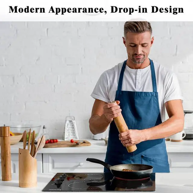 Alt view image 5 of 7 - 4 Burner Electric Cooktop 24 Inch, Built-in Stove Top,Knob Control | Ceramic Radiant Cooktop Replacement, Residual Heat Indicator, Fit Most Existing 24" Cutouts,6000W 220-240V Hard Wire, No Plug