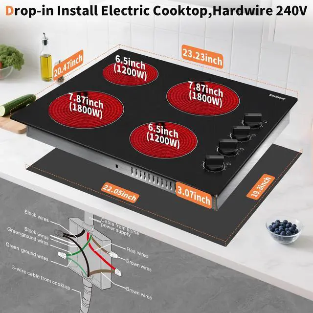 Alt view image 6 of 7 - 4 Burner Electric Cooktop 24 Inch, Built-in Stove Top,Knob Control | Ceramic Radiant Cooktop Replacement, Residual Heat Indicator, Fit Most Existing 24" Cutouts,6000W 220-240V Hard Wire, No Plug