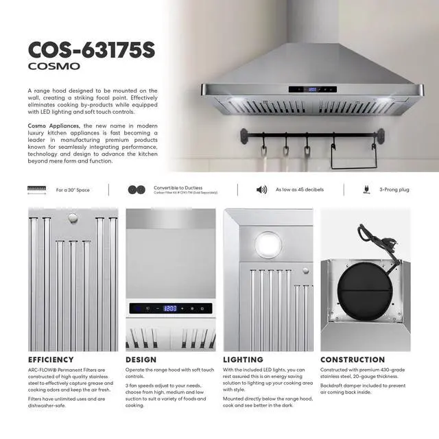 Alt view image 6 of 7 - 30 in. Vista Coll 380 CFM Ducted Wall Mount Range Hood LED, Stainless Steel | COS-63175S Soft TouchControls, 3 Fan Speeds, Permanent Dishwasher-Safe Baffle Filters, Backdraft Damper