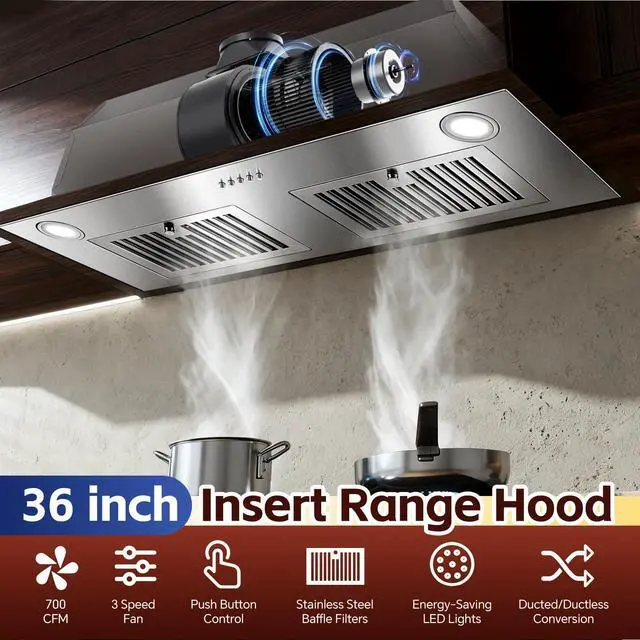 Alt view image 2 of 7 - Range Hood Insert 36 inch, Stainless Steel Range Hood 700 CFM, Ductless/Ducted Convertible Kitchen Vent Hood w/Push Button Control, 3-Speed Fan