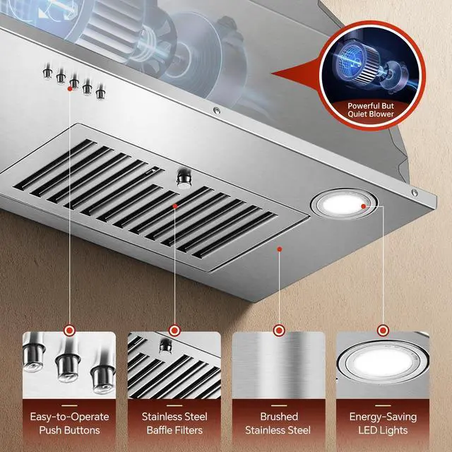 Alt view image 3 of 7 - Range Hood Insert 36 inch, Stainless Steel Range Hood 700 CFM, Ductless/Ducted Convertible Kitchen Vent Hood w/Push Button Control, 3-Speed Fan