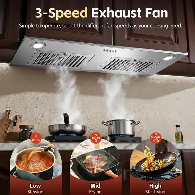 Alt view image 4 of 7 - Range Hood Insert 36 inch, Stainless Steel Range Hood 700 CFM, Ductless/Ducted Convertible Kitchen Vent Hood w/Push Button Control, 3-Speed Fan