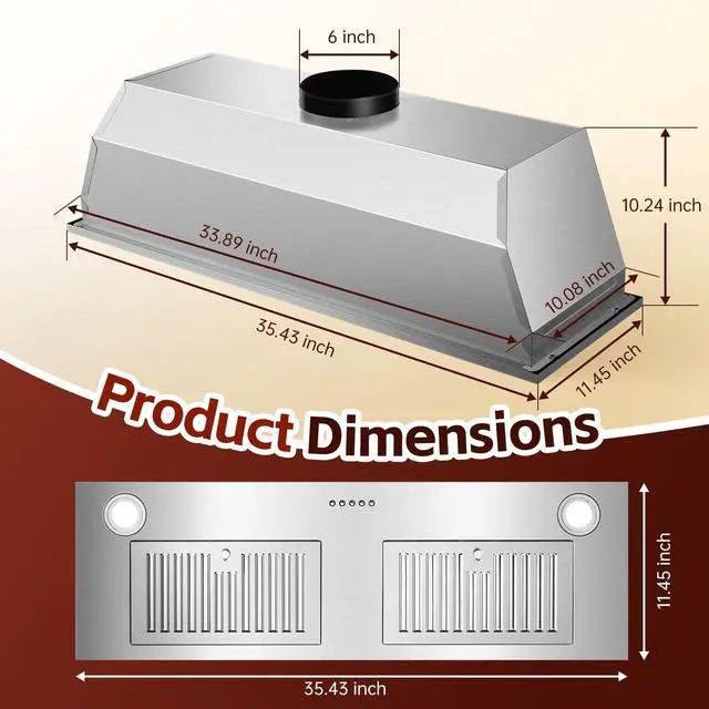 Alt view image 6 of 7 - Range Hood Insert 36 inch, Stainless Steel Range Hood 700 CFM, Ductless/Ducted Convertible Kitchen Vent Hood w/Push Button Control, 3-Speed Fan