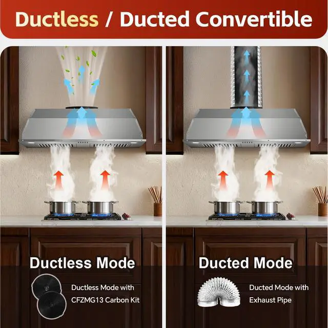 Alt view image 7 of 7 - Range Hood Insert 36 inch, Stainless Steel Range Hood 700 CFM, Ductless/Ducted Convertible Kitchen Vent Hood w/Push Button Control, 3-Speed Fan