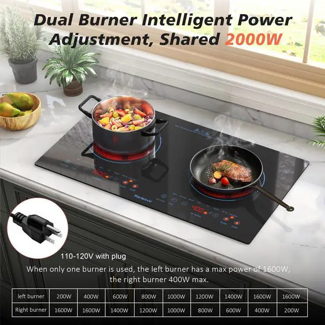 Alt view image 2 of 7 - 2 Burner Electric Cooktop 110V, 2000W, 24" Plug-in & Built-in | 22.4" x 12.6" Built in Size, 8 Cooking Modes, Touch Control Safety Lock, Timer, Portable Electric Stove, Auto Shut-off, Blue