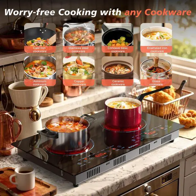 Alt view image 3 of 7 - 2 Burner Electric Cooktop 110V, 2000W, 24" Plug-in & Built-in | 22.4" x 12.6" Built in Size, 8 Cooking Modes, Touch Control Safety Lock, Timer, Portable Electric Stove, Auto Shut-off, Blue