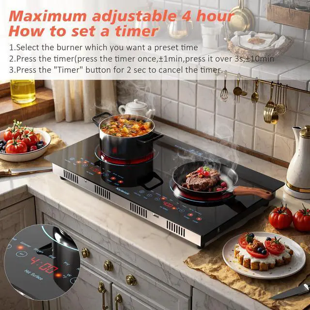 Alt view image 4 of 7 - 2 Burner Electric Cooktop 110V, 2000W, 24" Plug-in & Built-in | 22.4" x 12.6" Built in Size, 8 Cooking Modes, Touch Control Safety Lock, Timer, Portable Electric Stove, Auto Shut-off, Blue