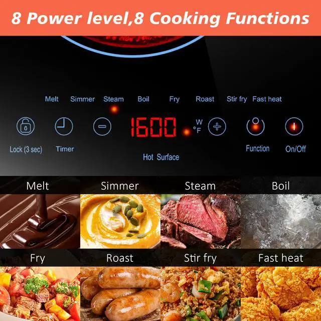 Alt view image 6 of 7 - 2 Burner Electric Cooktop 110V, 2000W, 24" Plug-in & Built-in | 22.4" x 12.6" Built in Size, 8 Cooking Modes, Touch Control Safety Lock, Timer, Portable Electric Stove, Auto Shut-off, Blue