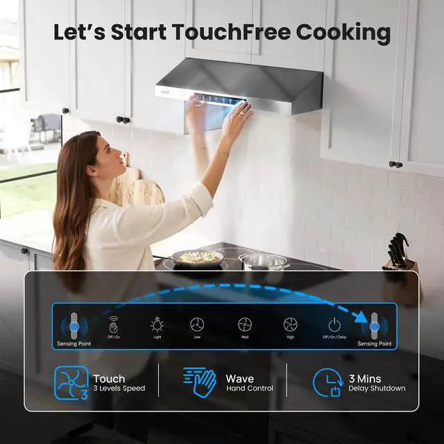 Alt view image 3 of 7 - 30 Inch Under Cabinet Range Hood 900 CFM, Dual Motor Powerful Kitchen Vent Hood, Gesture & Touch Control, Ultra Quiet DC Motor, Dishwasher-Safe Filters, LED Lights, Stainless Steel