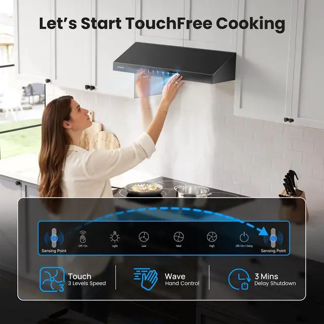 Alt view image 3 of 7 - 36 Inch Under Cabinet Range Hood 900 CFM, Dual Motor Powerful Kitchen Vent Hood, Gesture & Touch Control, Ultra Quiet DC Motor, Dishwasher-Safe Filters, LED Lights, Black