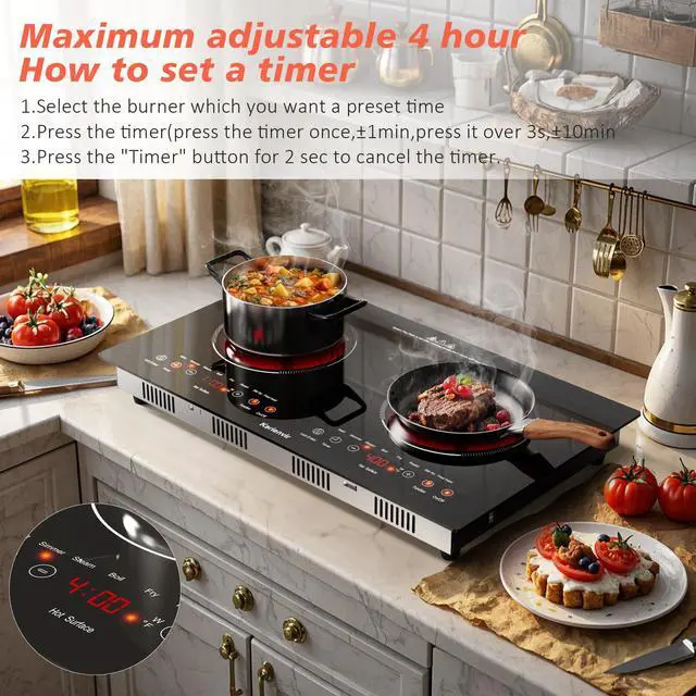 Alt view image 2 of 7 - 2 Burner Electric Cooktop 110V, 2000W, 24" Plug-in & Built-in | 22.4" x 12.6" Built in Size, 8 Cooking Modes, Touch Control Safety Lock, Timer, Portable Electric Stove, Auto Shut-off, Black