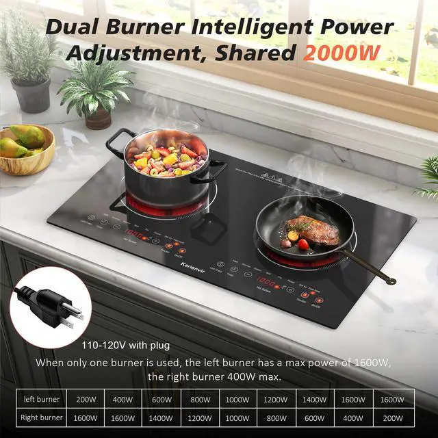 Alt view image 3 of 7 - 2 Burner Electric Cooktop 110V, 2000W, 24" Plug-in & Built-in | 22.4" x 12.6" Built in Size, 8 Cooking Modes, Touch Control Safety Lock, Timer, Portable Electric Stove, Auto Shut-off, Black