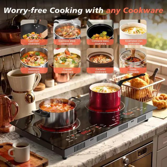 Alt view image 5 of 7 - 2 Burner Electric Cooktop 110V, 2000W, 24" Plug-in & Built-in | 22.4" x 12.6" Built in Size, 8 Cooking Modes, Touch Control Safety Lock, Timer, Portable Electric Stove, Auto Shut-off, Black