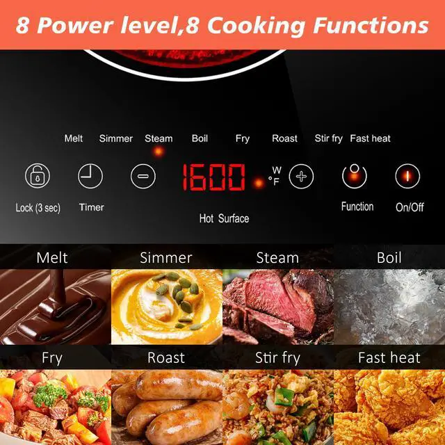 Alt view image 6 of 7 - 2 Burner Electric Cooktop 110V, 2000W, 24" Plug-in & Built-in | 22.4" x 12.6" Built in Size, 8 Cooking Modes, Touch Control Safety Lock, Timer, Portable Electric Stove, Auto Shut-off, Black