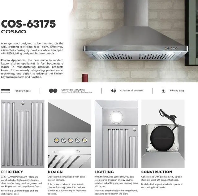 Alt view image 6 of 7 - 30 in. Vista Coll 380 CFM Ducted Wall Mount Range Hood LED, Stainless Steel