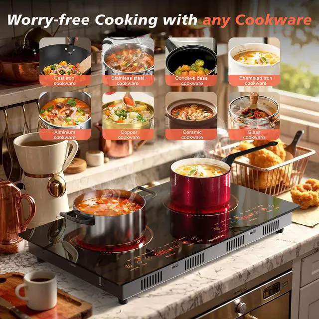 Alt view image 3 of 7 - 2 Burner Electric Cooktop 110v, 24 Inch Electric Stove Countertop & Built-in, Plug-in Electrics Cooktop, 8 Power Levels & 8 Functions, Touch Control, Safety Lock, Timer, 2000W, Orange