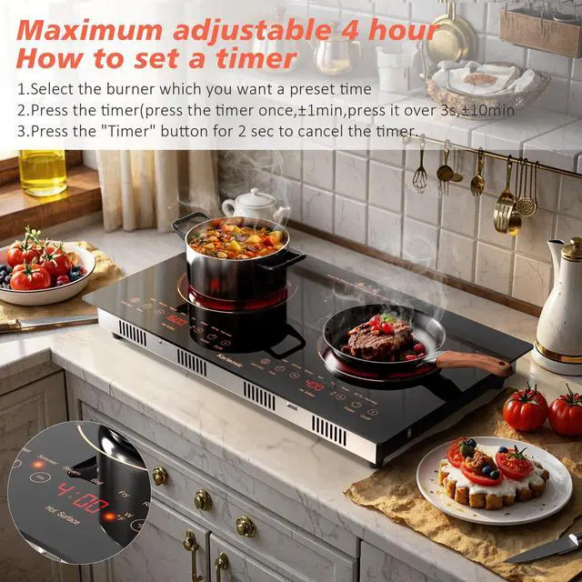 Alt view image 4 of 7 - 2 Burner Electric Cooktop 110v, 24 Inch Electric Stove Countertop & Built-in, Plug-in Electrics Cooktop, 8 Power Levels & 8 Functions, Touch Control, Safety Lock, Timer, 2000W, Orange