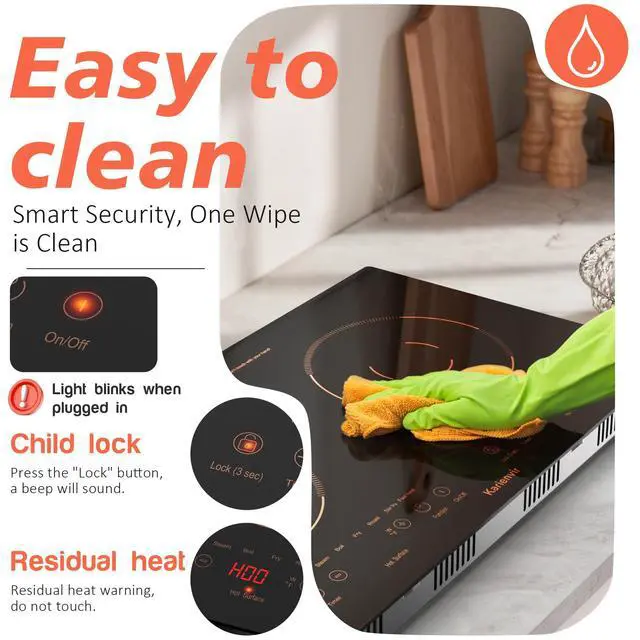 Alt view image 5 of 7 - 2 Burner Electric Cooktop 110v, 24 Inch Electric Stove Countertop & Built-in, Plug-in Electrics Cooktop, 8 Power Levels & 8 Functions, Touch Control, Safety Lock, Timer, 2000W, Orange