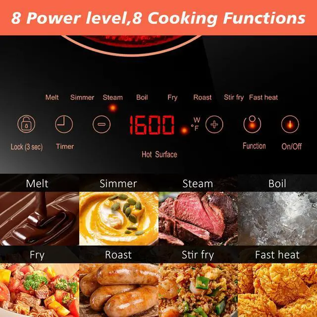 Alt view image 6 of 7 - 2 Burner Electric Cooktop 110v, 24 Inch Electric Stove Countertop & Built-in, Plug-in Electrics Cooktop, 8 Power Levels & 8 Functions, Touch Control, Safety Lock, Timer, 2000W, Orange
