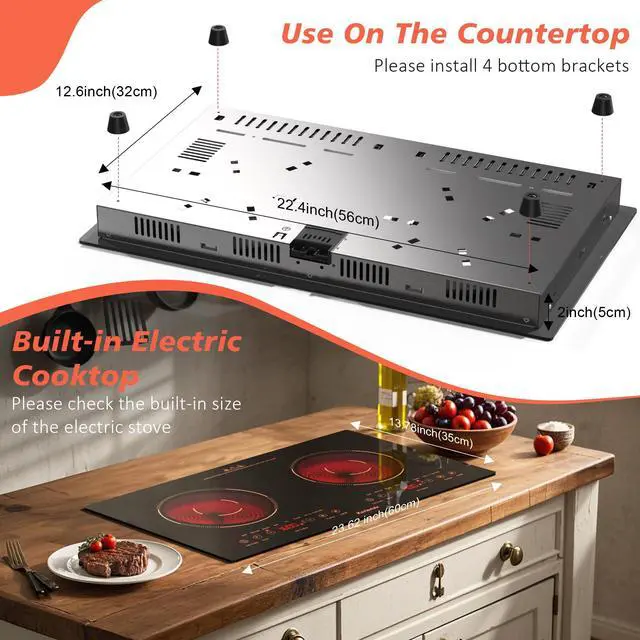 Alt view image 7 of 7 - 2 Burner Electric Cooktop 110v, 24 Inch Electric Stove Countertop & Built-in, Plug-in Electrics Cooktop, 8 Power Levels & 8 Functions, Touch Control, Safety Lock, Timer, 2000W, Orange