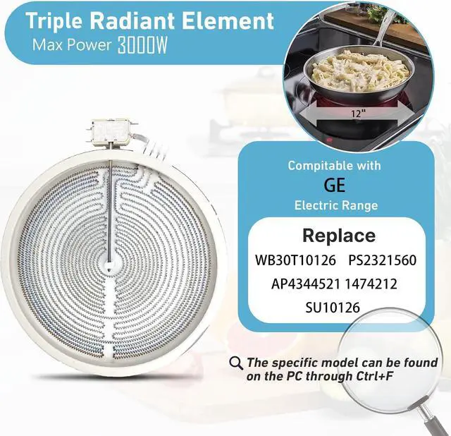 Alt view image 2 of 7 - Upgraded Range 12" Triple Haliant Surface Element Replacement for GE Stove, WB30T10107 12 inch Tripe Radiant Surface Element, 1050/1950/3000W Electric Glass Stove Top Replace PS2321560 AP4344521