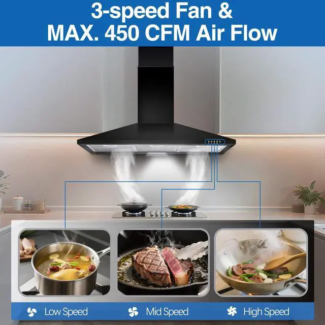Alt view image 2 of 7 - Range Hood 36 inch,Black Vent Hood with 450CFM & 3-Speed, Ducted/Ductless Convertible,Mesh Filters & Push Button Control for Stove Hood,Chimney-style Black Range Hood Wall Mount