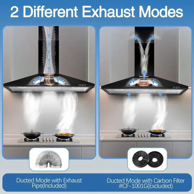 Alt view image 6 of 7 - Range Hood 36 inch,Black Vent Hood with 450CFM & 3-Speed, Ducted/Ductless Convertible,Mesh Filters & Push Button Control for Stove Hood,Chimney-style Black Range Hood Wall Mount