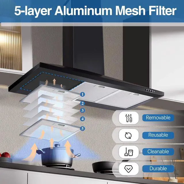 Alt view image 4 of 7 - Range Hood 36 inch,Black Vent Hood with 450CFM & 3-Speed, Ducted/Ductless Convertible,Mesh Filters & Push Button Control for Stove Hood,Chimney-style Black Range Hood Wall Mount