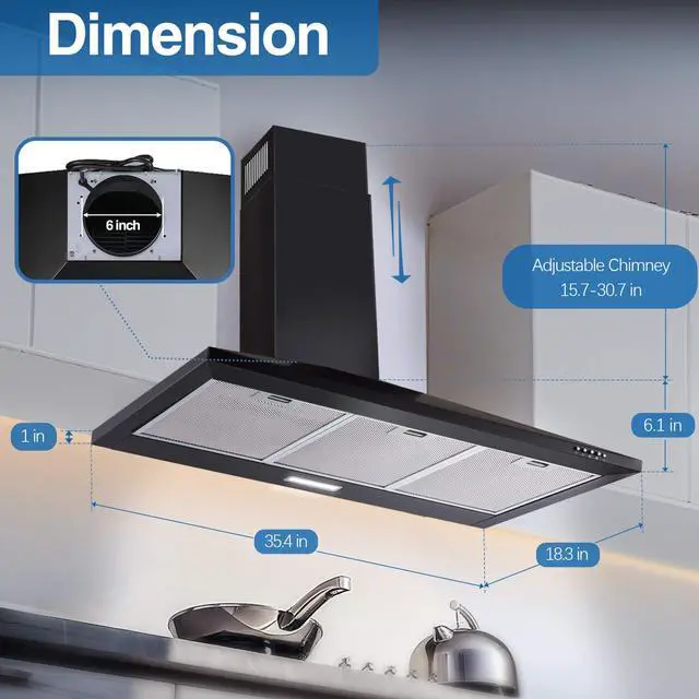 Alt view image 5 of 7 - Range Hood 36 inch,Black Vent Hood with 450CFM & 3-Speed, Ducted/Ductless Convertible,Mesh Filters & Push Button Control for Stove Hood,Chimney-style Black Range Hood Wall Mount
