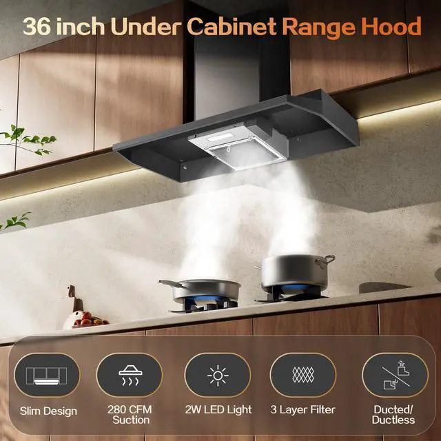 Alt view image 2 of 7 - Under Cabinet Range Hood 36 inch, Ducted/Ductless Vent Hood | 2 Speeds Fan, Black Range Hood with Rocker Button Control, Kitchen Hood 280CFM, Bright LED Light