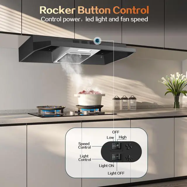 Alt view image 3 of 7 - Under Cabinet Range Hood 36 inch, Ducted/Ductless Vent Hood | 2 Speeds Fan, Black Range Hood with Rocker Button Control, Kitchen Hood 280CFM, Bright LED Light