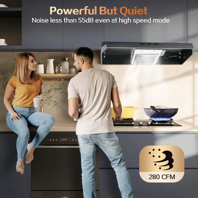 Alt view image 4 of 7 - Under Cabinet Range Hood 36 inch, Ducted/Ductless Vent Hood | 2 Speeds Fan, Black Range Hood with Rocker Button Control, Kitchen Hood 280CFM, Bright LED Light