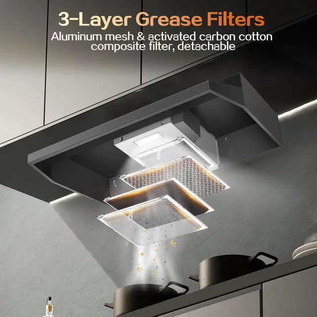Alt view image 5 of 7 - Under Cabinet Range Hood 36 inch, Ducted/Ductless Vent Hood | 2 Speeds Fan, Black Range Hood with Rocker Button Control, Kitchen Hood 280CFM, Bright LED Light