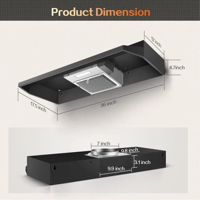 Alt view image 6 of 7 - Under Cabinet Range Hood 36 inch, Ducted/Ductless Vent Hood | 2 Speeds Fan, Black Range Hood with Rocker Button Control, Kitchen Hood 280CFM, Bright LED Light