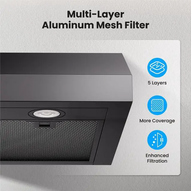 Alt view image 3 of 7 - Under Cabinet Range Hood 36 Inch, 1200 CFM Dual-Motor Kitchen Vent with LED Lights, Button Control, Ducted Stainless Steel Vent Hood, Reusable 5-Layer Aluminum Filters, Black
