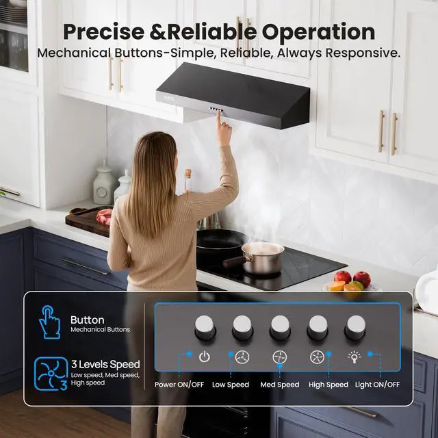 Alt view image 4 of 7 - Under Cabinet Range Hood 36 Inch, 1200 CFM Dual-Motor Kitchen Vent with LED Lights, Button Control, Ducted Stainless Steel Vent Hood, Reusable 5-Layer Aluminum Filters, Black