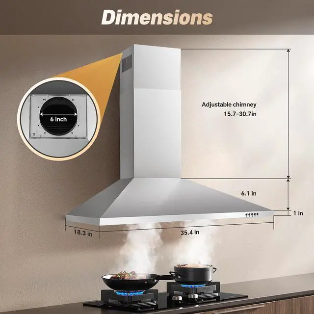 Alt view image 4 of 7 - 36 Inch Range Hood, 450CFM Wall Mount Stainless Steel Kitchen Vent Hood - 3-Speed Exhaust Fan, Ducted/Ductless Convertible, Chimney-Style Stove Hood, LED Light & Push Button Control