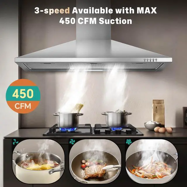 Alt view image 3 of 7 - 36 Inch Range Hood, 450CFM Wall Mount Stainless Steel Kitchen Vent Hood - 3-Speed Exhaust Fan, Ducted/Ductless Convertible, Chimney-Style Stove Hood, LED Light & Push Button Control