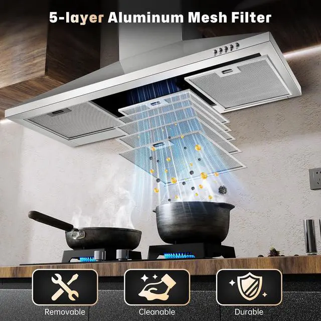 Alt view image 6 of 7 - 36 Inch Range Hood, 450CFM Wall Mount Stainless Steel Kitchen Vent Hood - 3-Speed Exhaust Fan, Ducted/Ductless Convertible, Chimney-Style Stove Hood, LED Light & Push Button Control