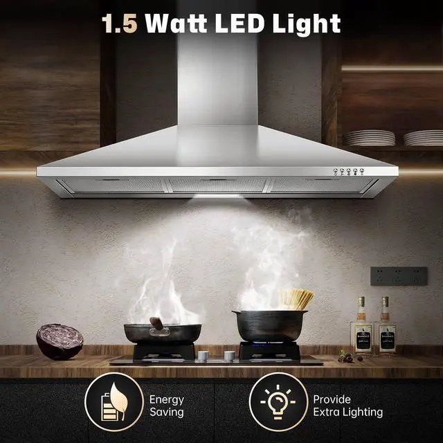 Alt view image 7 of 7 - 36 Inch Range Hood, 450CFM Wall Mount Stainless Steel Kitchen Vent Hood - 3-Speed Exhaust Fan, Ducted/Ductless Convertible, Chimney-Style Stove Hood, LED Light & Push Button Control