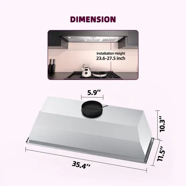 Alt view image 6 of 7 - Range Hood Insert 36 inch, Built-in Kitchen Hood with 600 CFM, Ducted/Ductless Convertible Vent Hood, Stainless Steel Stove Hood Vent with Push Button, Baffle Filters and Charcoal Filters